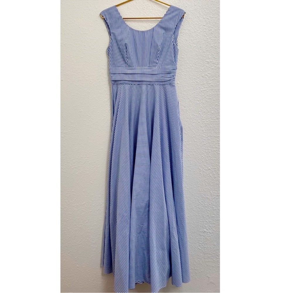 anthropologie • madame shoushou blue + white striped full length dress